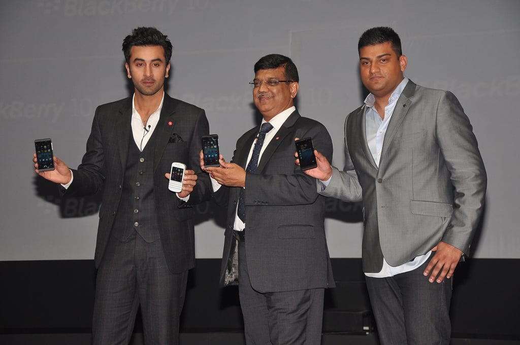 Ranbir Kapoor, Sunil Dutt, MD, BlackBerry, Vivek Bharadwaj, Head of software portfolio, BlackBerry at the India launch of BlackBerry Z10