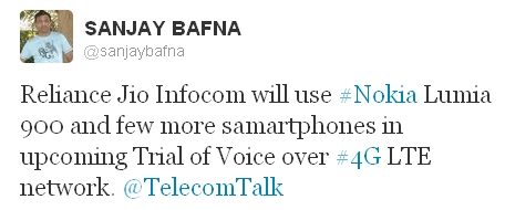Reliance Jio Voice over 4G with Nokia Lumai  Tweet