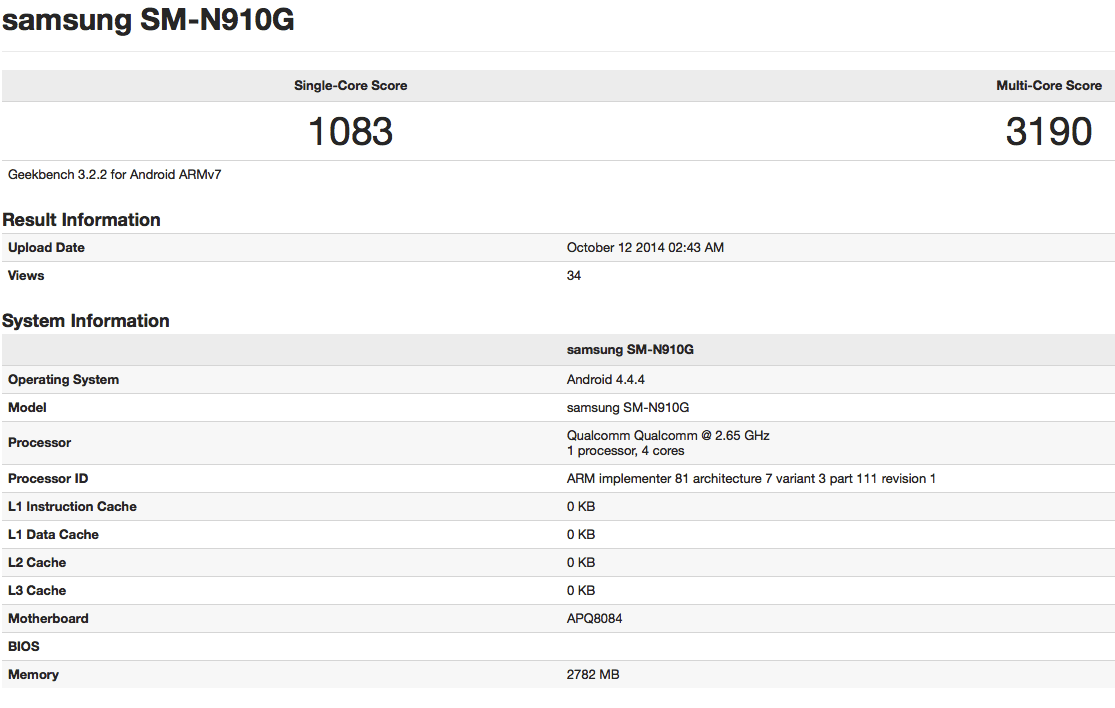 Samsung Galaxy Note 4 SM-N910G India Geekbench Listing