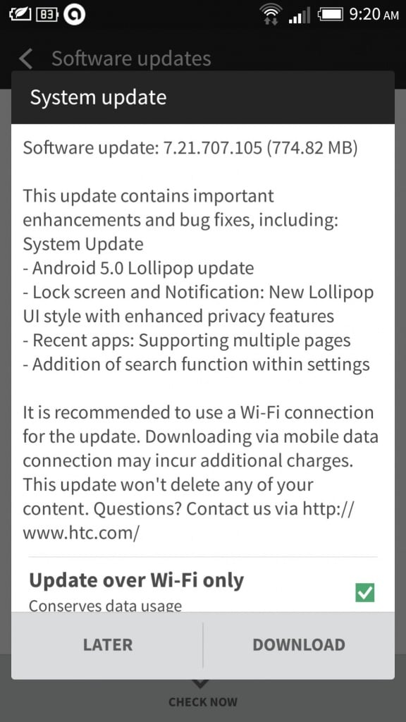 HTC One M7 Android 5.0 Lollipop Update India