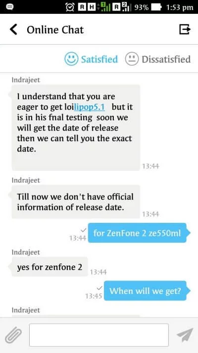 Asus ZenFone 2 ZE550ML Android 5.1 Lollipop Update Confirmation