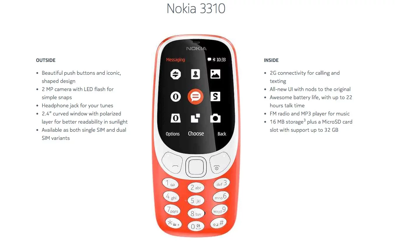 Nokia 3310 specficiation