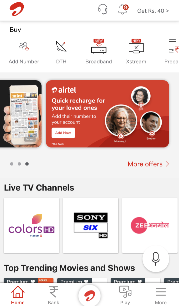 Airtel quick recharge for loved ones available on Airtel Thanks app