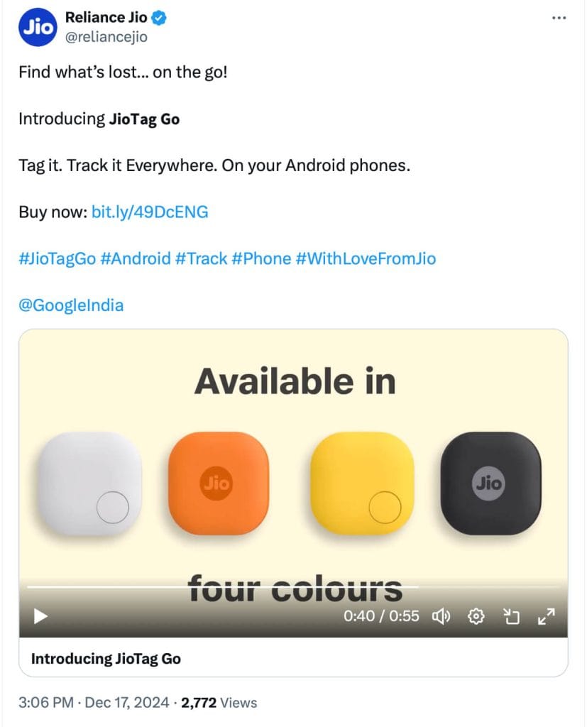 Reliance Jio Launches JioTag Go Smart Tag