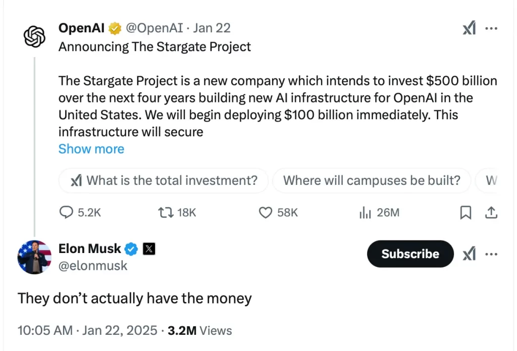 Elon Musk Comment on OpenAI Stargate Project Announcement
