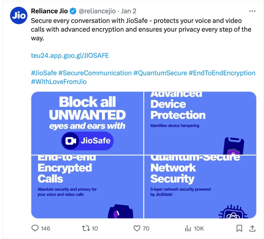 Jio's post on JioSafe App with Quantum Safe Security