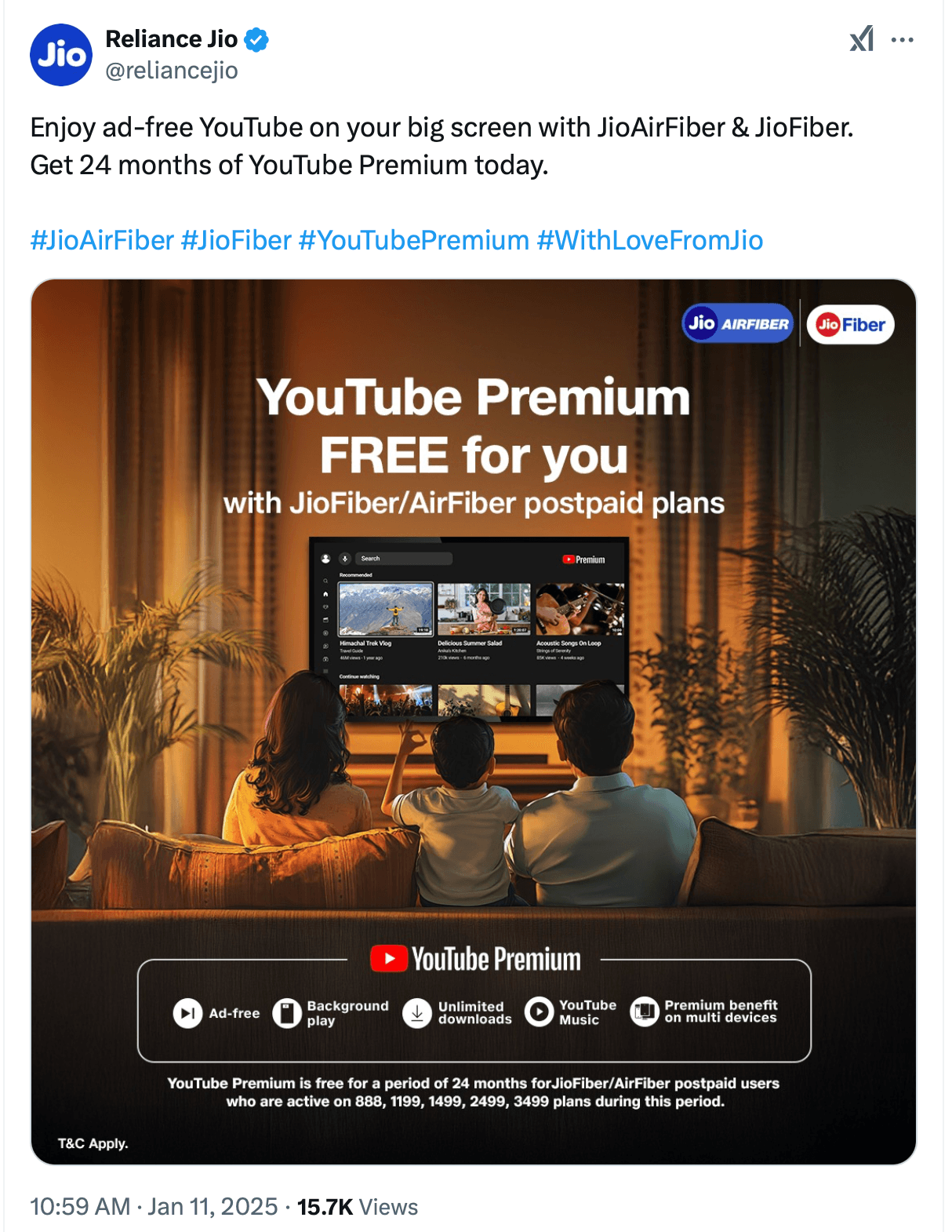 Reliance Jio YouTube Premium Post on X
