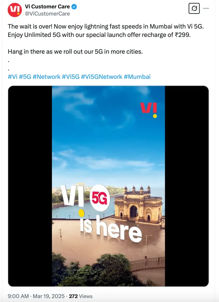 Vi 5G in Mumbai Launch Announcement on X