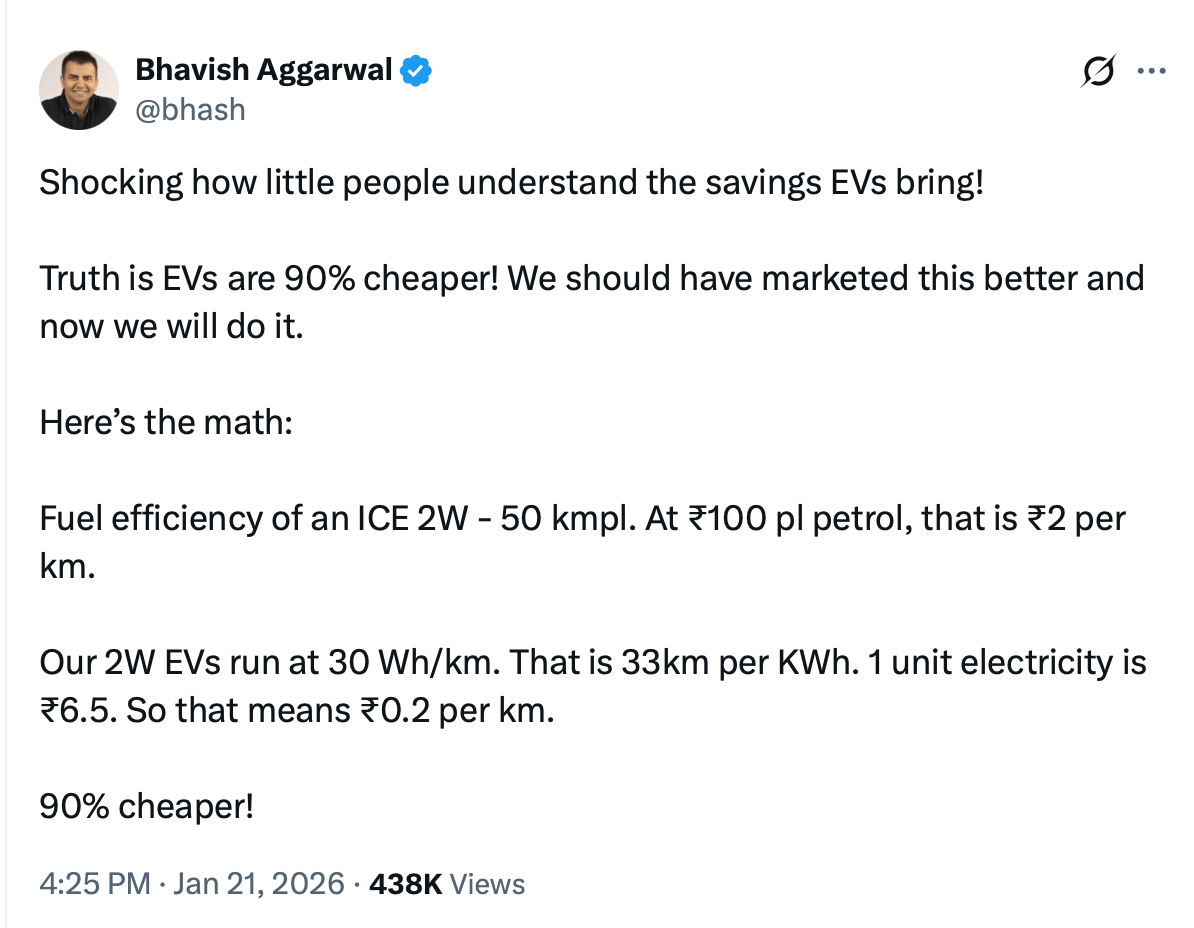 ola ceo bhavish aggarwal ev running costs tweet