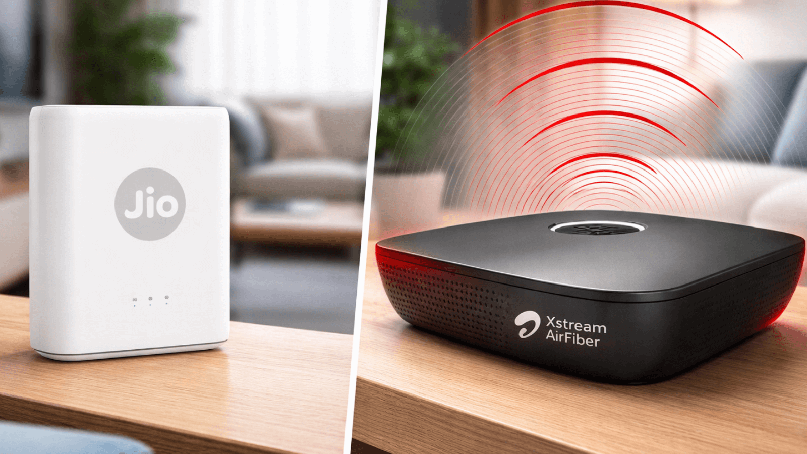 Jio AirFiber and Airtel Xstream AirFiber broadband devices representing December 2025 subscriber growth.