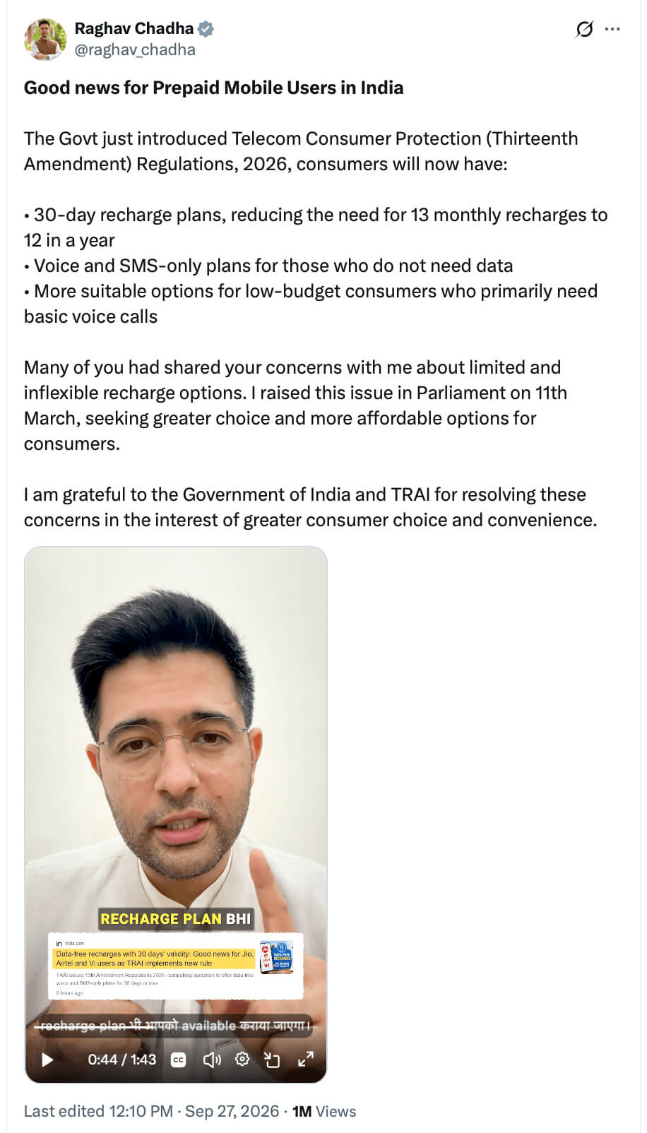 raghav-chadha-trai-telecom-consumer-protection-regulations-2026