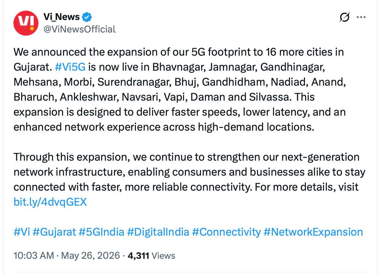 vi 5g gujarat expansion x post may 2026