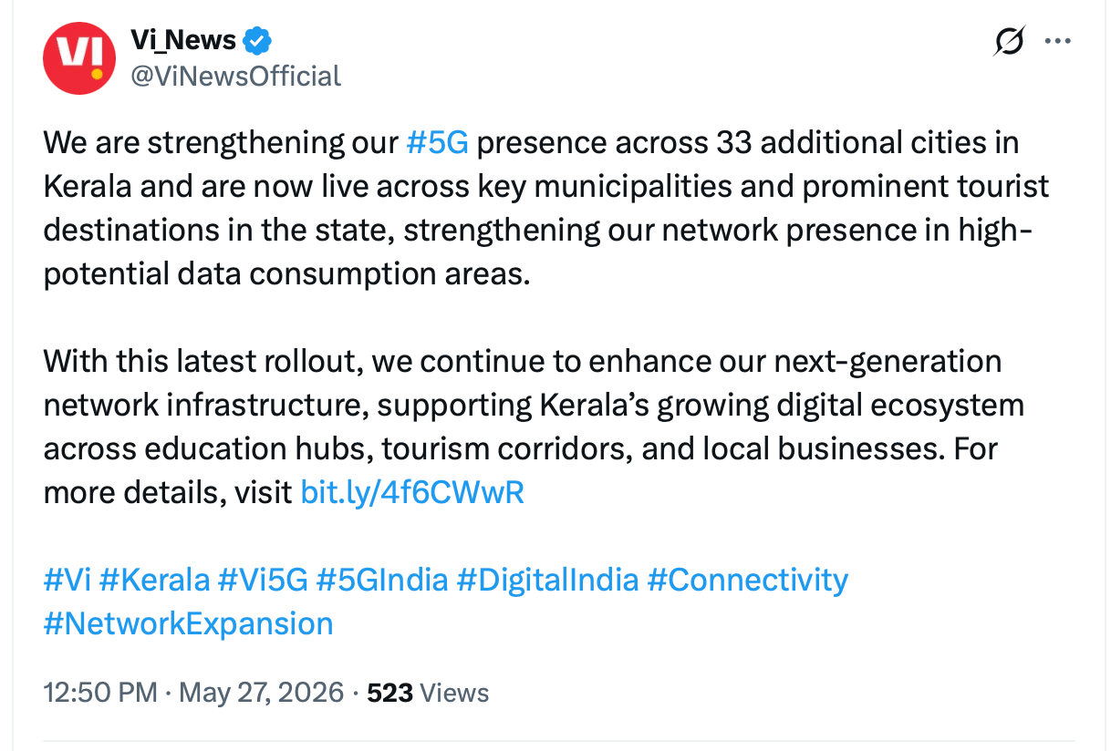 vi 5g kerala expansion x post may 2026